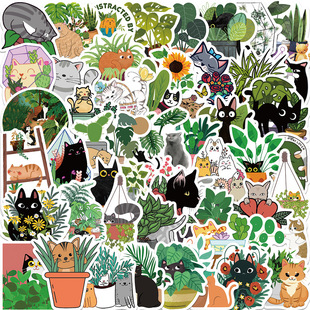 50 cartoon cat and plant stickers decorative luggage notebook waterproof cross-border hot-selling non-repeated stickers