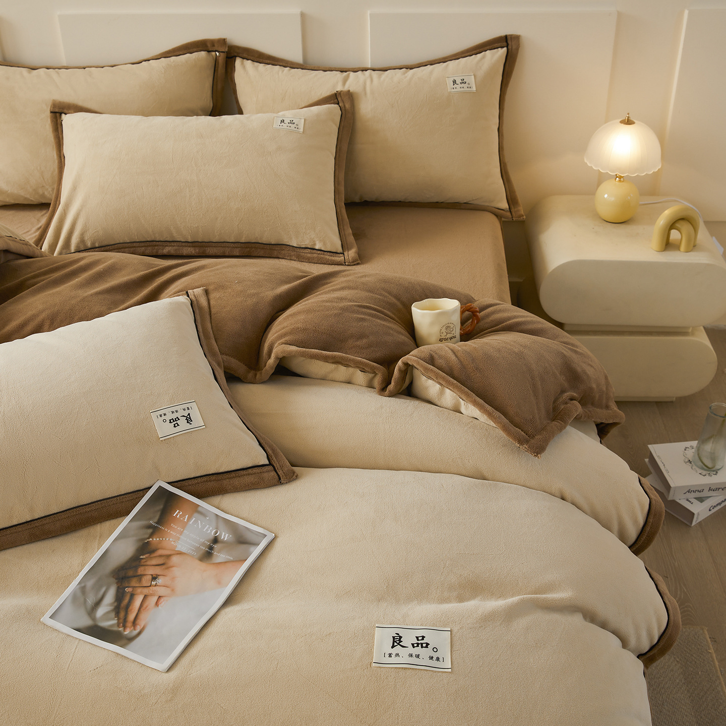 ミルクベルベット4点セット 秋冬用 厚手 保温 コーラルベルベット フランネル ベッドカバー シーツ ボックスシーツ 和風