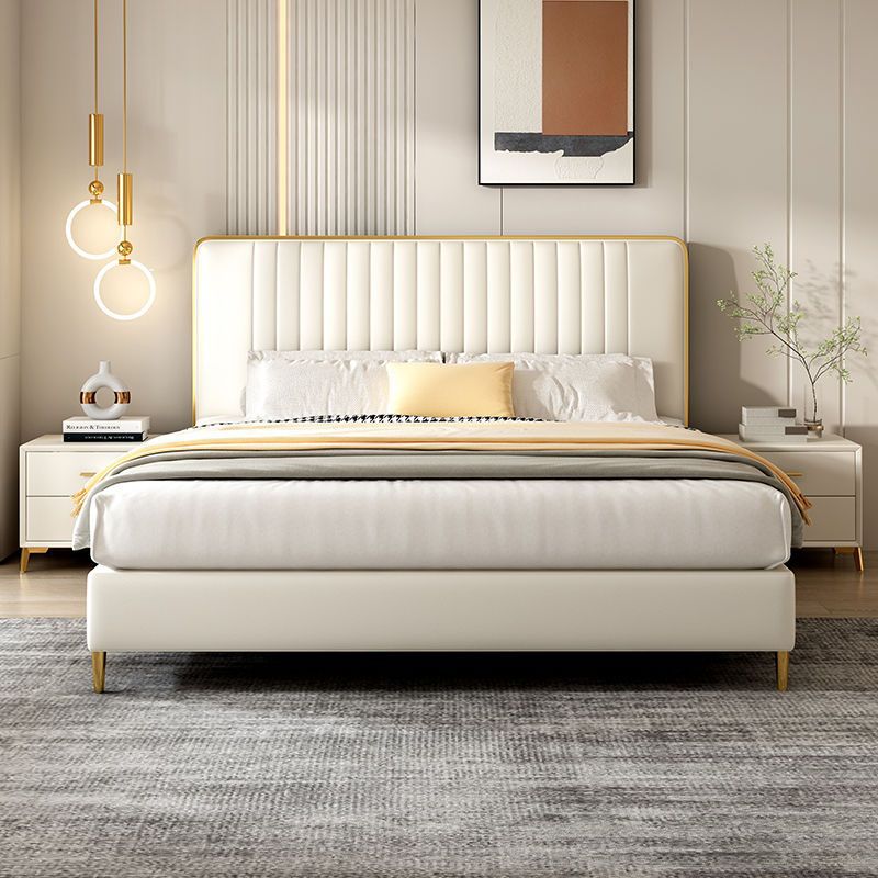 Genuine Leather Bed, Vintage Waffle-Pattern Bed, Minimalist Mid-Century Style Master Bedroom Solid Wood Upholstered Bed, Modern Simple Light Luxury Bed, Master Designer