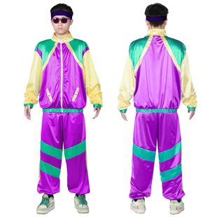 Halloween carnival disco cosplay stage performance costume purple striped hippie sportswear for men and women