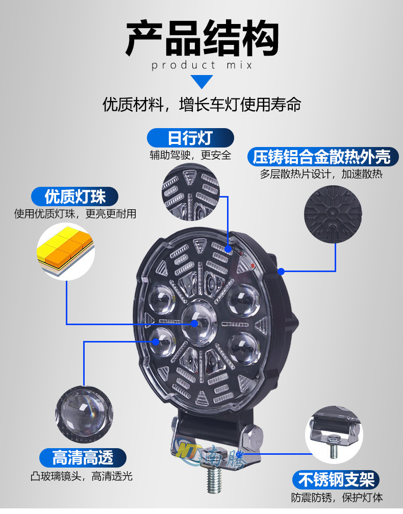Led Work Light Motorcycle Spotlight Universal High-Brightness Spotlight Waterproof Strong Light Long-Range Engineering Light Motorcycle Headlight
