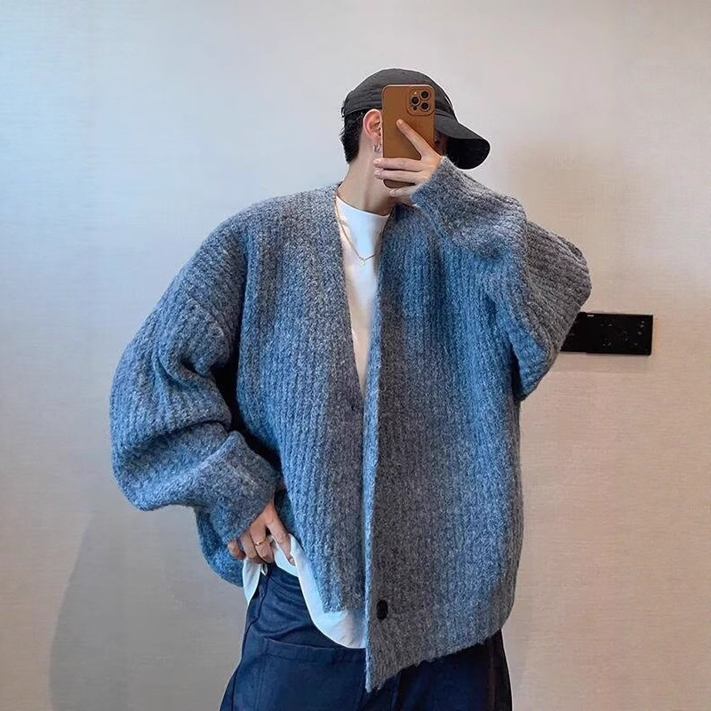 2025 New Autumn and Winter Cardigan Knitwear American Retro Casual Lazy Style V Neck Knitwear Men's Pure Color Jacket