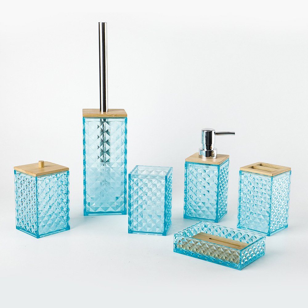 Baño sanitario de plástico de cinco piezas cubierta de bambú diamante fábrica de cubierta de baño al por mayor de cinco piezas enjuague bucal taza de baño taza de dientes de cinco piezas