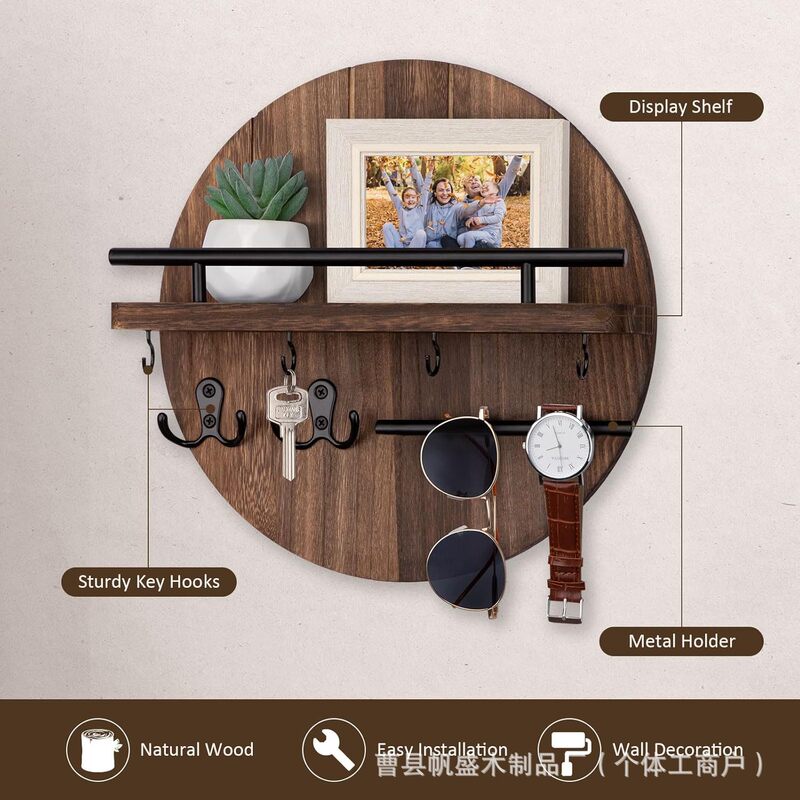 Vintage Wooden Wall Hanging Wall Rack Round Shelf Storage Rack Entrance Key Rack Solid Wood Home Decoration