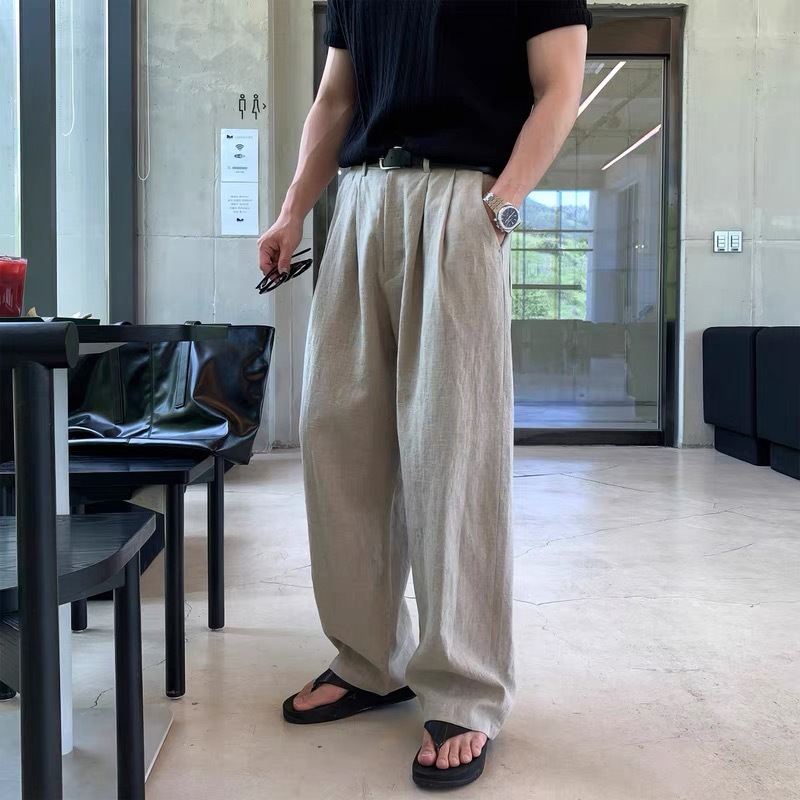老钱风卡其色亚麻休闲裤男夏季薄款垂感宽松阔腿裤百搭直筒长裤子|undefined