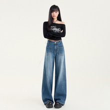 稚橘#韩系复古前贴袋阔腿牛仔裤女高腰宽松显瘦个性百搭拖地裤潮