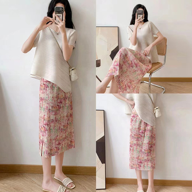 Miyake 2024 Summer Chanel Style suit Women's Casual Irregular Loose Top Pleated Floral Overskirt Collocation
