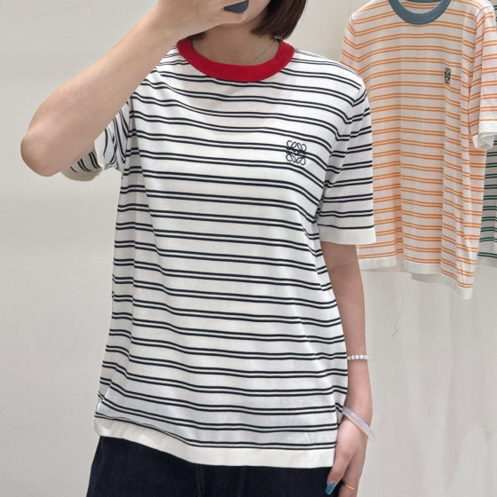 Luo * Wei Striped Short-sleeved T-shirt Women's Loose Summer New Shoulder Embroidered Western Style Women's Top T-shirt Embroidered