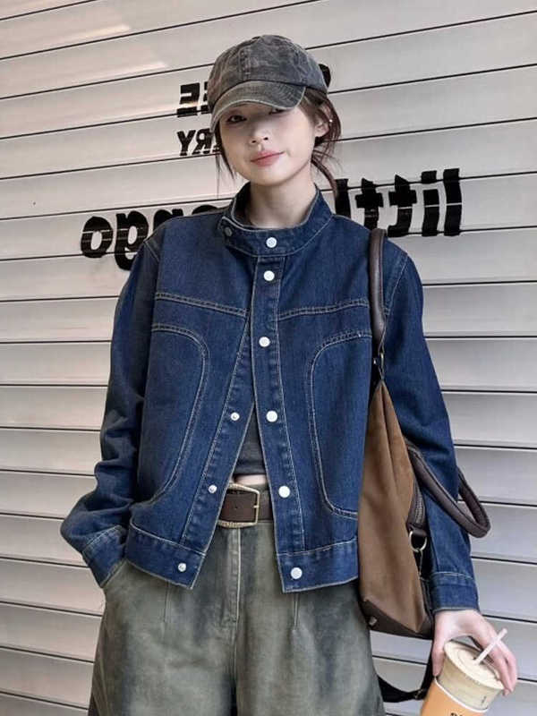 深蓝色韩版牛仔外套女春秋2025新款独特超好看宽松开衫小个子上衣|undefined