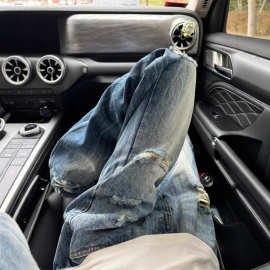 蓝色cleanfit闪电纹破洞牛仔裤男美式高街vibe裤子修身直筒微喇裤