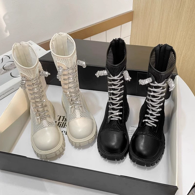 Новые универсальные ботинки на толстой подошве, ботинки из сетки со стразами, сандалии, кроссовки из мягкой кожаной сетки Martin, оптовая продажа, полые и дышащие.