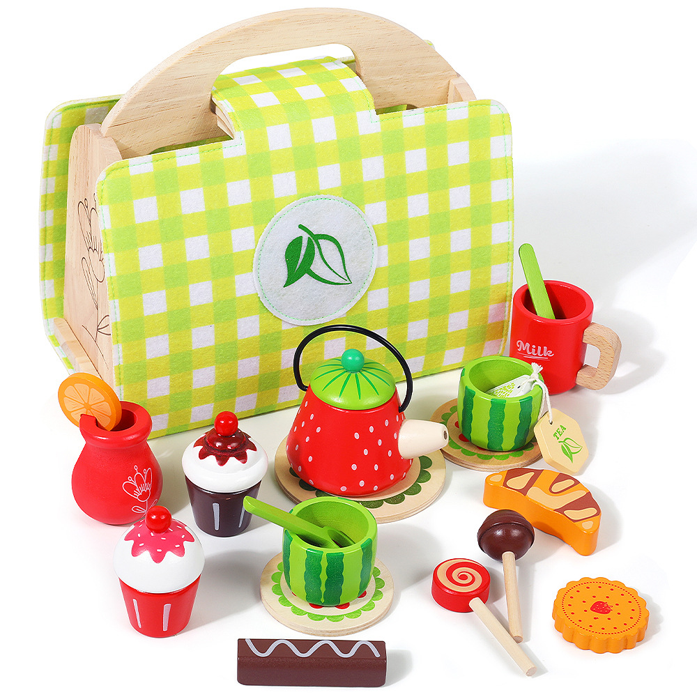 Transfronterizo de madera té de la tarde helado postres simulación set de té caja de mano juguetes de puzzle para niños pequeños