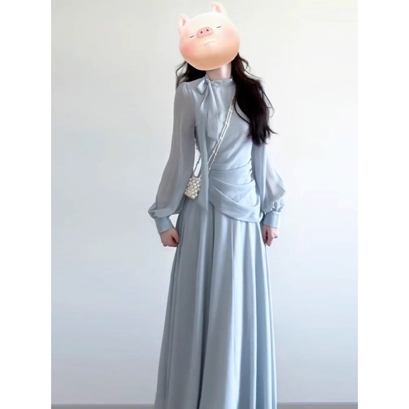 2024 이른 가을 새로운 프랑스 기질 긴 소매 블루 원피스 어린이 여름 시원한 허리 슬리밍 긴 원피스