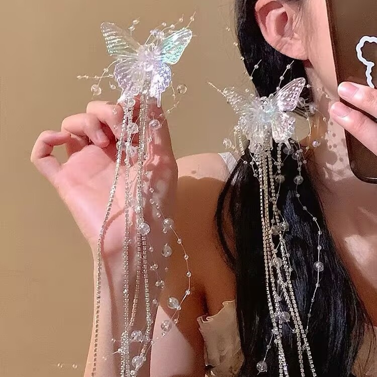 スーパーフェアリー透明白スマートバタフライタッセルクリップ女性のヘアピンダブルポニーテール写真ヘアアクセサリー花嫁|undefined