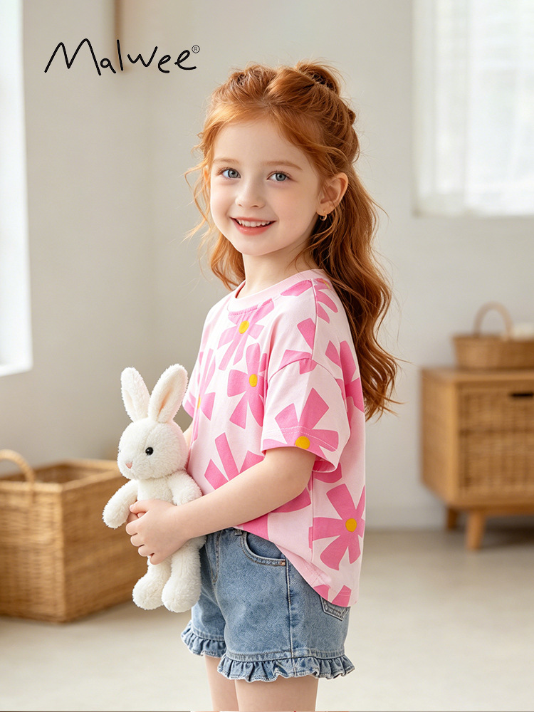 Malwee transfronterizo ropa infantil de verano camisa de mangas cortas suave piel transpirable impresión linda camisa casual de niña