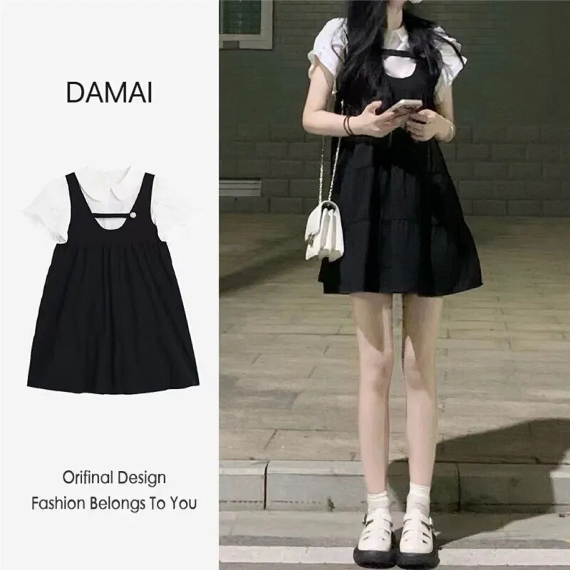 (Tiktok Quality) Summer Sweet Age-reducing Doll Collar dress Female Student Little Vest Skirt Fake Two