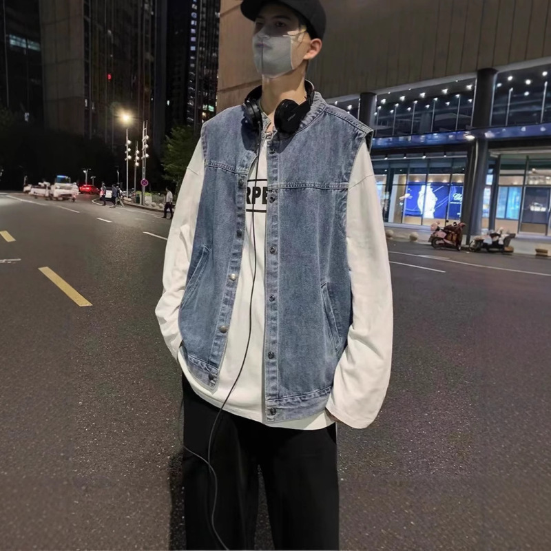 Spring Denim Jacket Men's Korean Style Loose Sleeveless Vest Trendyy Ins Spring & Fall Jacket Vest Vest Outer Wear