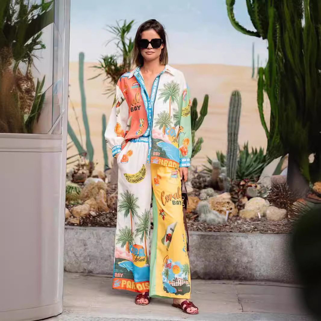 420g Weight Long Sleeve Sleeve Length Linen, Polyester Fabric Type Holiday Beach Women's Hawaiian Vacation Color Block Coconut Tree Linen Polyester Printing Pant Co-ord Set Pants Sets