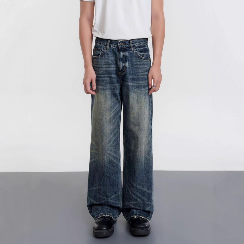 American Retro Washed Distressed Whiskered Straight-Leg Jeans Unisex Trendy Loose Wide-Leg Combat Denim A-Line Pants