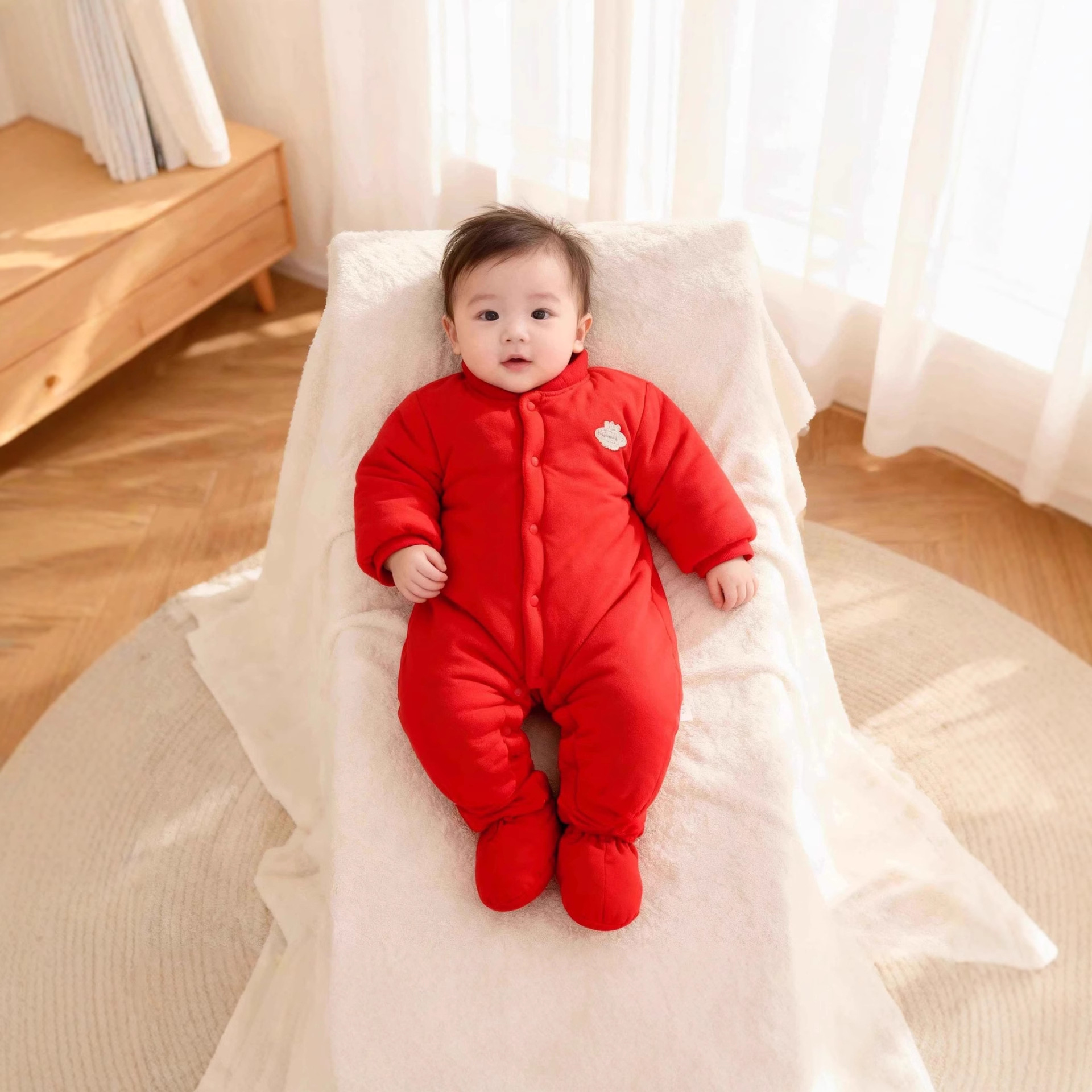 Baby Foot-Covering One-Piece Long-Sleeved Clothes for Men and Women, Winter Thickeneded Baby Pure Cotton Lining, Baby Crawling Clothes, New Year's Greetings Clothes