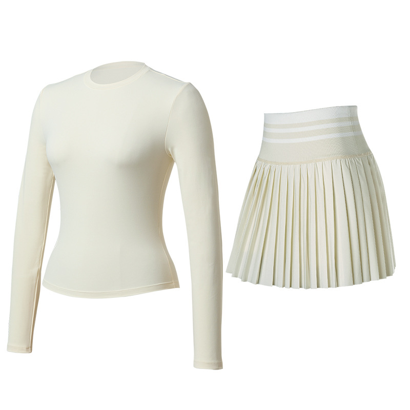 Trajes deportivos, trajes de yoga cortos, mangas largas, falda de tenis elástica, secado rápido, delgado, abdomen cerrado, conjunto de camisas de ejercicio.