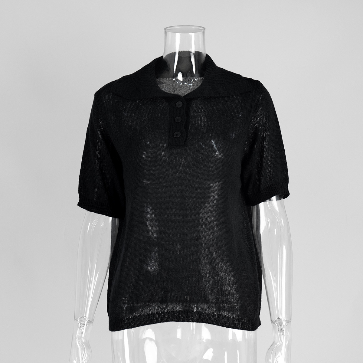 Suéter de manga corta de punto hueco Polo transfronterizo 2025 primavera y verano nueva camiseta de manga abullonada suéter de punto simple mujer