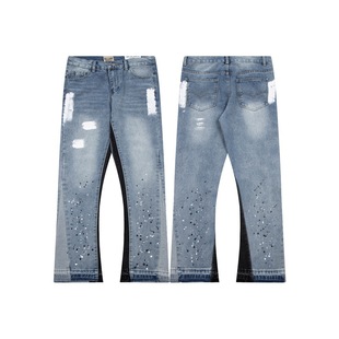 Correct version Gallery dept retro distressed splash-ink tide high street stitching straight wide leg Denim pants for men and women