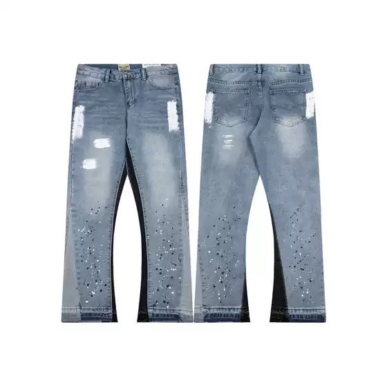 Correct version Gallery dept retro distressed splash-ink tide high street stitching straight wide leg Denim pants for men and women