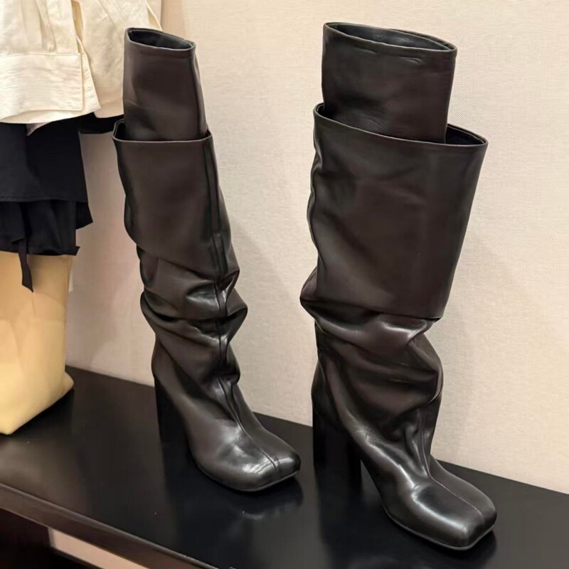 Sheepskin~Black High-Heeled Long Boots for Women 2025 Autumn and Winter New Style Thick-Heeled Square-Toe Pleated Stacked Boots High-Tube Riding Boots Sheepskin~Black High-Heeled Long Boots for Women 2025 Autumn and Winter New Style Thick-Heeled Square-Toe Pleated Stacked Boots High-Tube Riding Boots