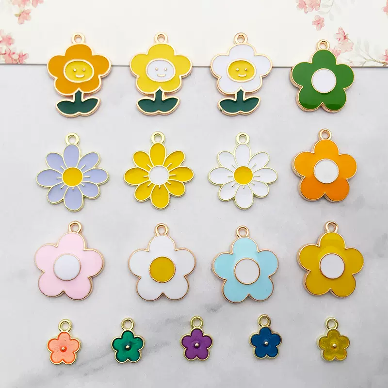 跨境热销合金滴油彩色花朵太阳花diy饰品配件项链耳环钥匙扣吊坠