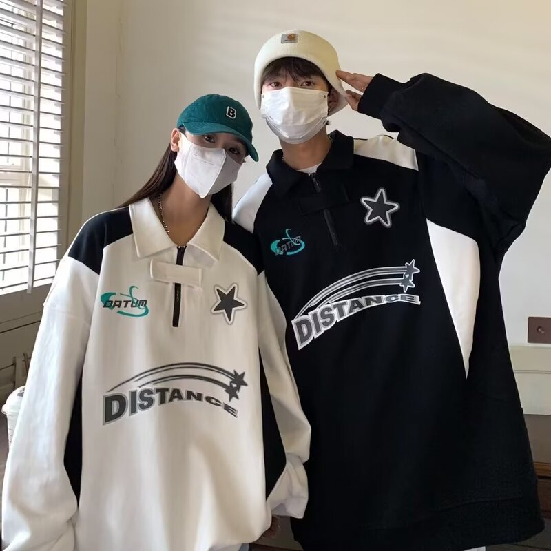 Polo Shirt Long-Sleeved Half-Zip Sweatshirt for Men and Women Autum American Oversize Couple Lapel Racing Suit Jacket Trendy