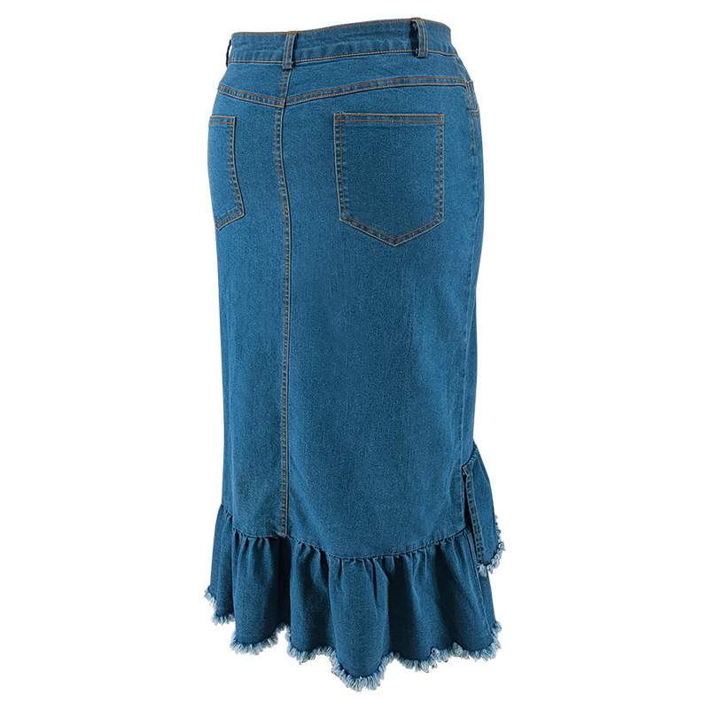 Dames plus size denim rok met kwastjes lang en elegante pasvorm_voghion.com