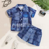 Фабрика прямых продаж трансграничные Amazon ins AliExpress для мальчиков цифровая имитация джинсовая рубашка с принтом из двух частей