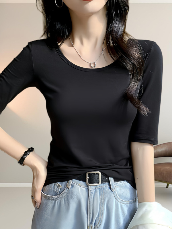 ブラックモーダルミッドスリーブTシャツレディース半袖春夏薄手ローネックスリムフィット五分袖ボトムインナートップ|undefined