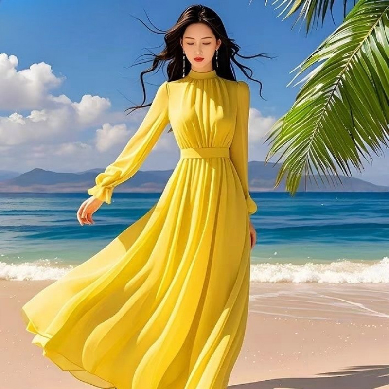 French Gentle Style Seaside Vacation Waist Slimming Look Long Skirt High-End 2025 Super Nice Green Long-Sleeved Dress