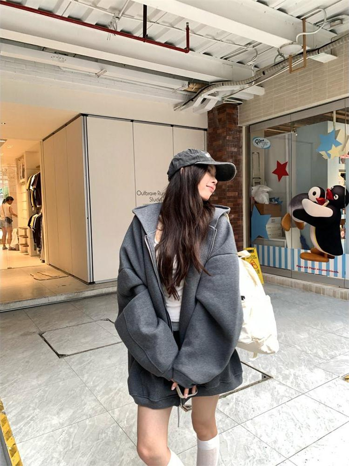 2025新款秋装韩系宽松石岩灰休闲慵懒风长袖连帽卫衣外套女装ins
