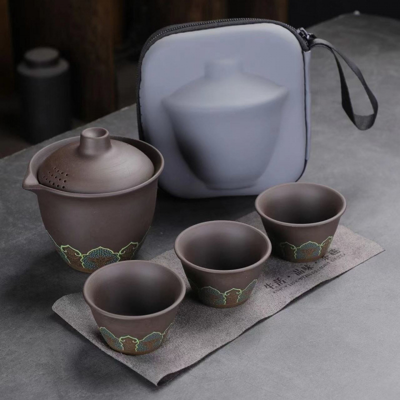 콰이커 그릇 보라색 모래 3컵 - 녹색 덩굴 꽃(보관봉투 + 티 타월)