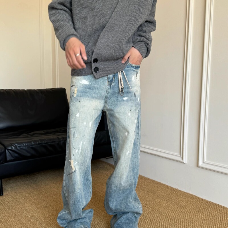 Cross-Border 2025 American New Trendy Wide-Leg Floor-Length Stylish Splatter Washed Vintage Jeans for Men and Women