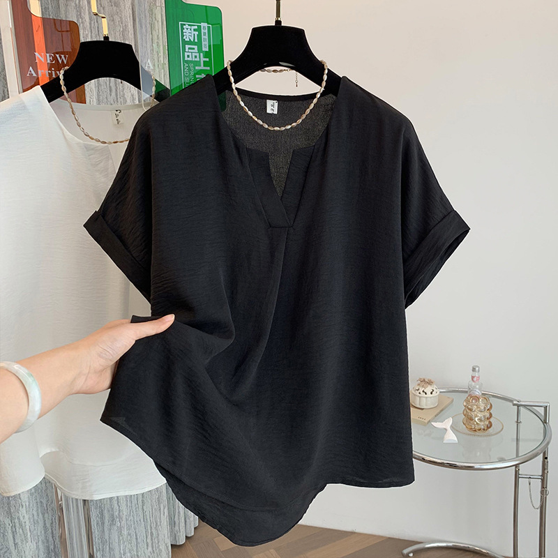 ファットMM夏のユニークなシングルウェアカバーお腹右肩レトロVネック半袖Tシャツレディース夏ゆったり痩身シックトップ|undefined