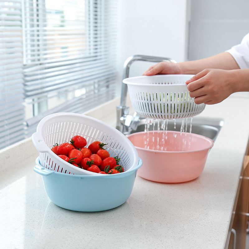 Double-layer Draining Basket Household Kitchen Vegetable Washing Basin Thickened Fruit Basket Plastic Hollow Draining Rice Washing Basin for Fruit and Vegetable