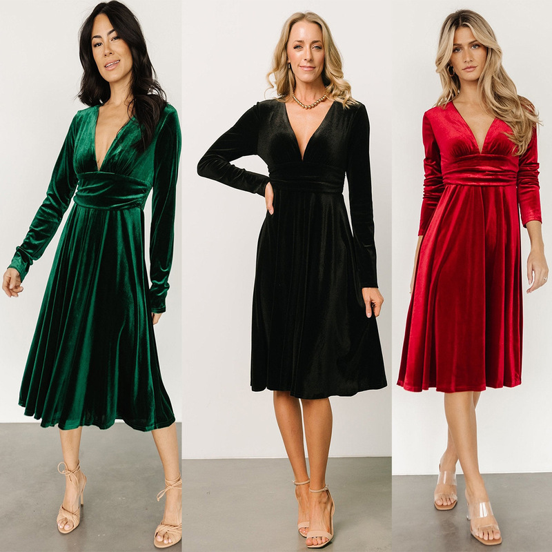 European and American Cross-Border Amazon New Dress Skirt 2025 Gold Velvet Sexy V Neck Waist Long-Sleeved Dress