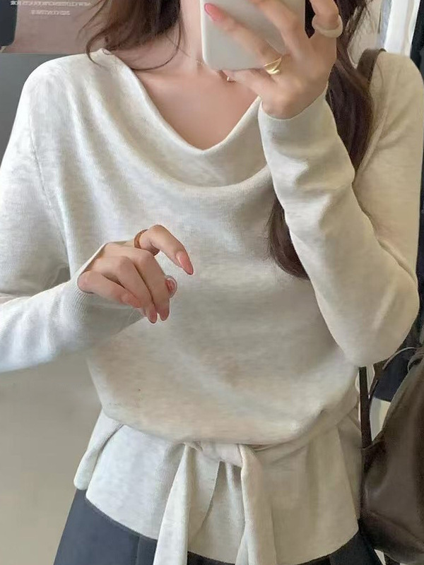 秋季新款女装设计感一字领露肩针织衫气质长袖毛衣绑带打底衫上衣|undefined