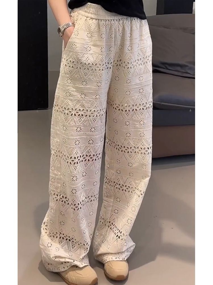 Plus Size High Waisted Lace Hollow Out Wide Leg Pants Summer Thin Loose Slimming Casual Straight Leg Pants For Women_ecoleips.com
