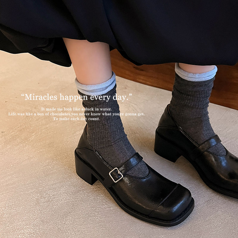 2025 New Niche Designer's Thick-heeled Square-toe Small Leather Shoes Japanese Style One-word Buckle Mary Jane Single-layer Shoes for Women