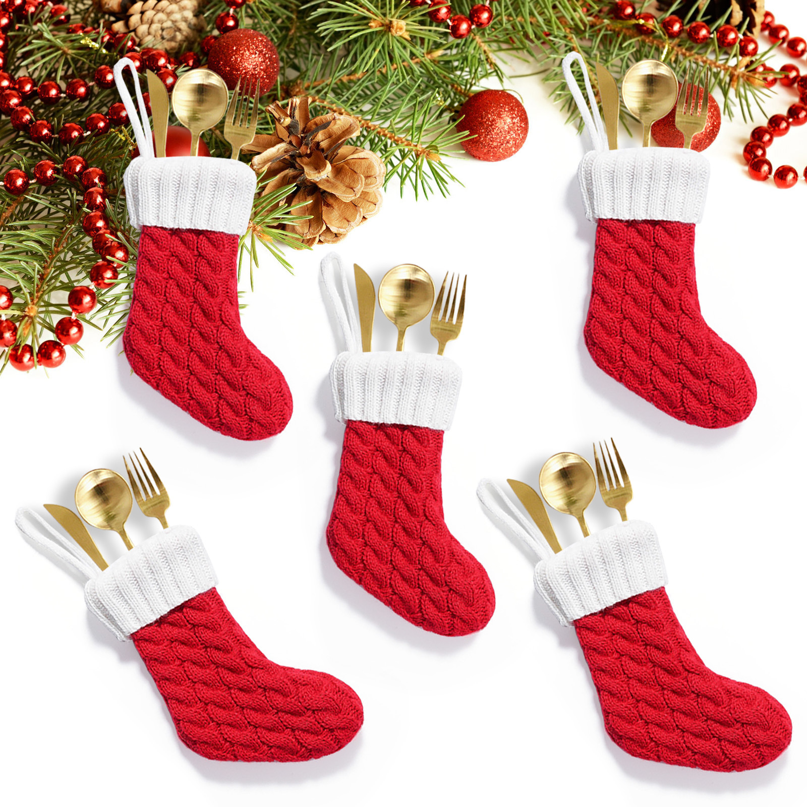 Navidad transfronteriza de punto pequeño calcetines de Navidad rojo y verde encantador regalo calcetines cuchillo y tenedor cubierta de decoración de árbol de Navidad bolsas de dulces