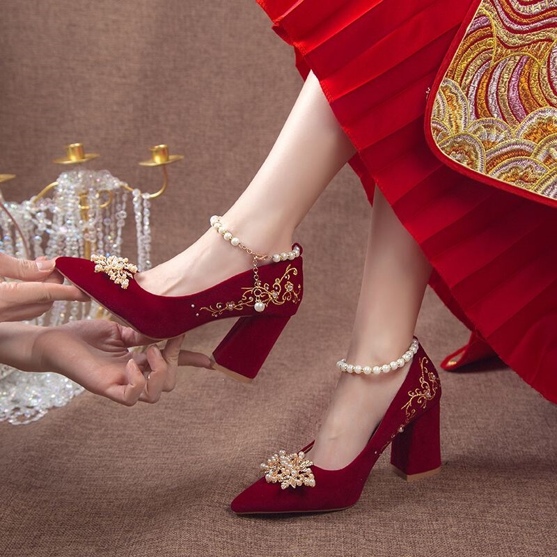 Wedding Shoes for Women 2026 Spring and Autumn New Style Thick Heel Comfortable High Heels Wedding Red Bridal Shoes Xiuhe Shoes for Pregnant Women Wedding Shoes for Women 2026 Spring and Autumn New Style Thick Heel Comfortable High Heels Wedding Red Bridal Shoes Xiuhe Shoes for Pregnant Women