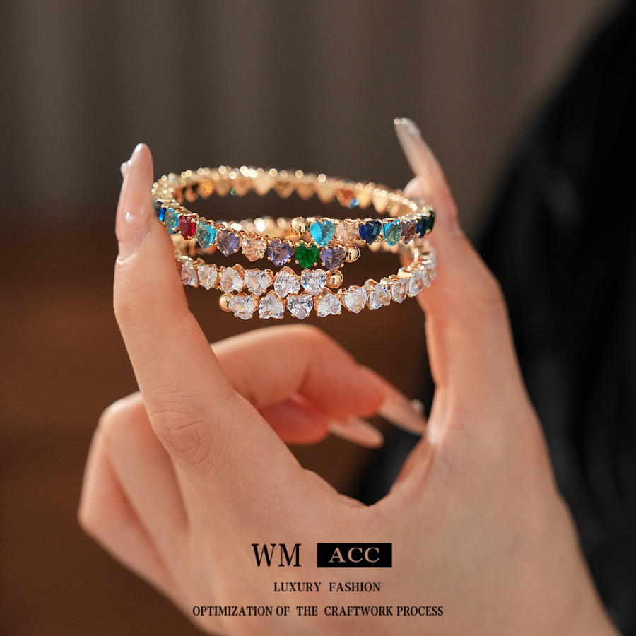 Pulsera abierta de amor de circón, pulsera exquisita de estilo de palacio de lujo ligero, sentido de alta gama de todo fósforo, joyería europea y americana al por mayor
