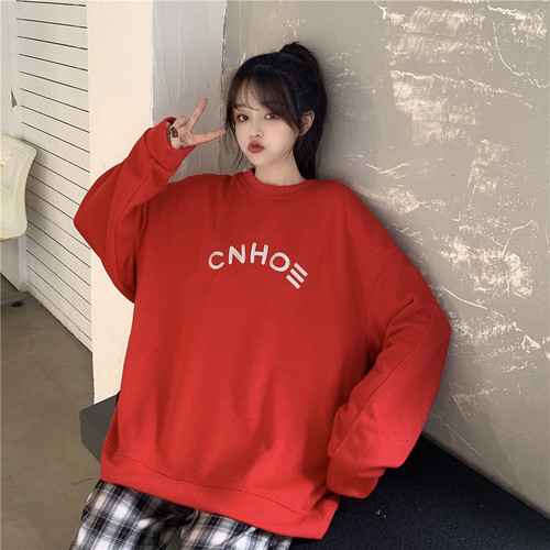 2025 Autumn/Winter New Korean Style Slimming Student Sweet Plus Size Ins Loose Letter Print Hooded Crew Neck Sweatshirt