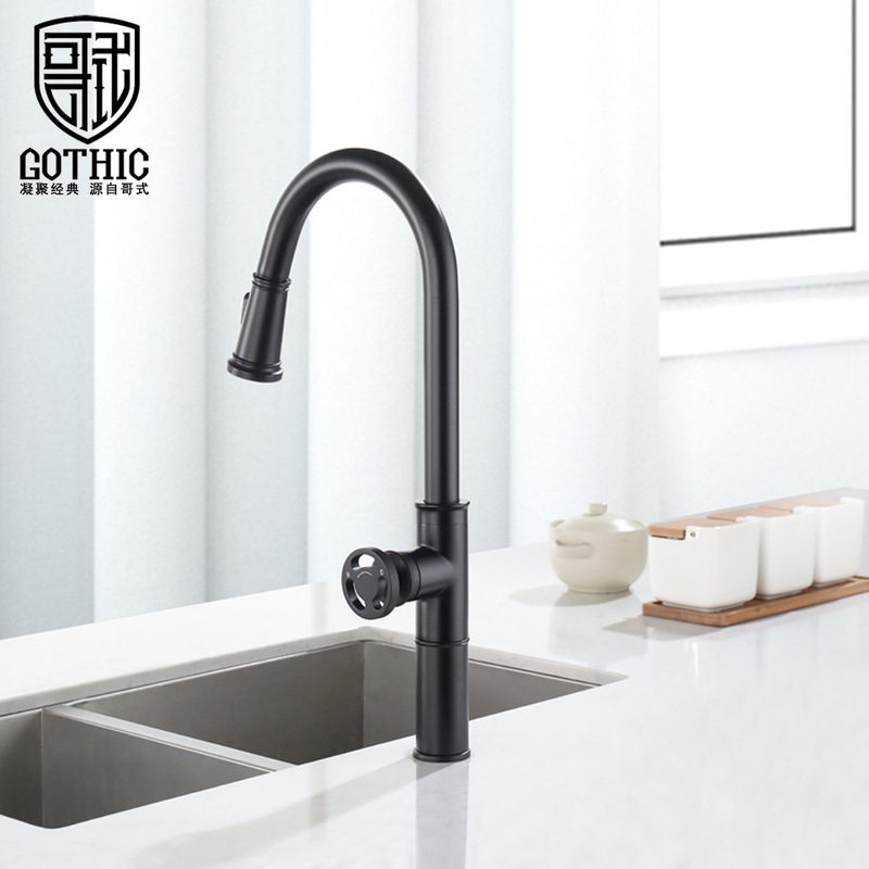 Ge-style Export Black American Style Kitchen Faucet Retro Black Industrial Wind Sucking Sink Faucet Rotatable