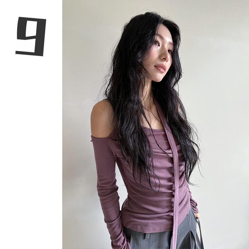 [9hour] Sexy Asymmetrical Ribbon Off-Shoulder Long Sleeve Top for Women Slim Fit T-Shirt 260329